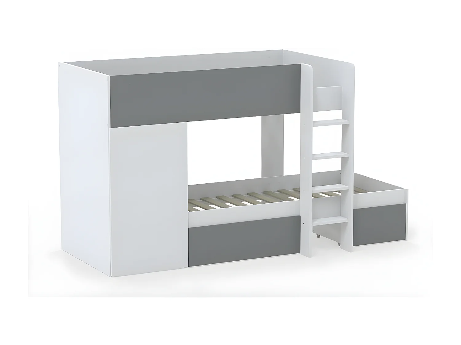 Lit superposé TWIN 90x190 avec armoire et tiroirs + 2 sommiers / Blanc et Gris