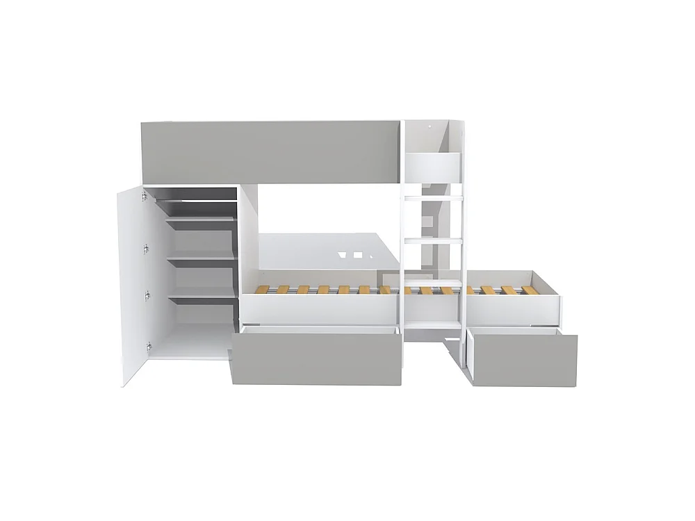 Lit superposé TWIN 90x190 avec armoire et tiroirs + 2 sommiers / Blanc et Gris