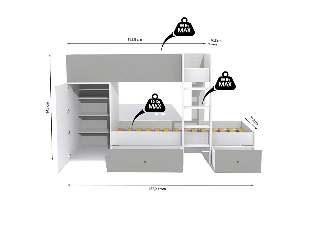 Lit superposé TWIN 90x190 avec armoire et tiroirs + 2 sommiers / Blanc et Gris