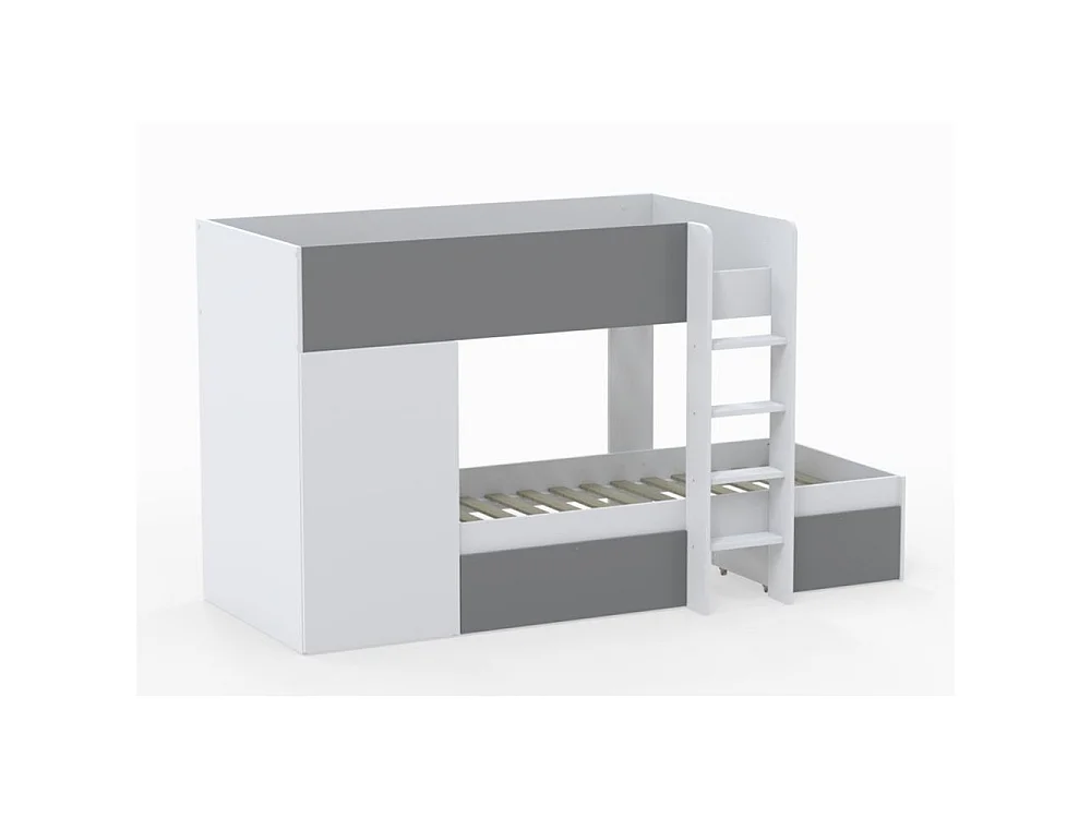Lit superposé TWIN 90x190 avec armoire et tiroirs + 2 sommiers / Blanc et Gris