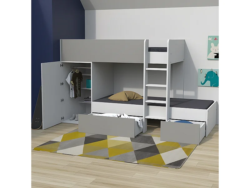 Lit superposé TWIN 90x190 avec armoire et tiroirs + 2 sommiers / Blanc et Gris