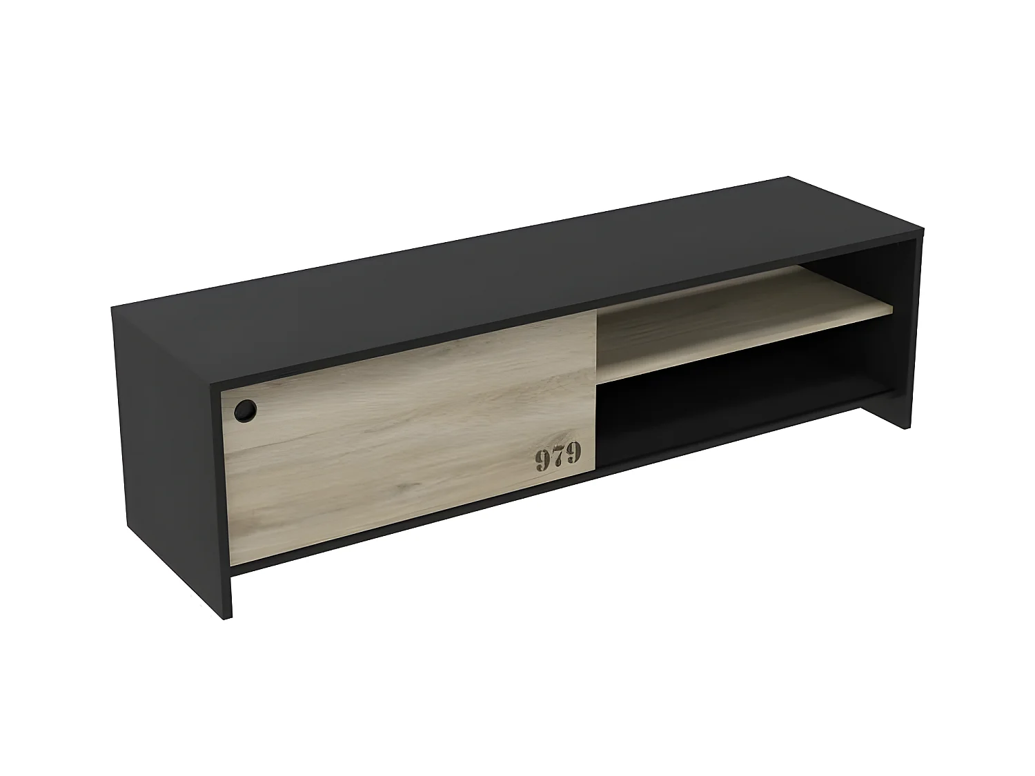 Mueble de TV Tomy con puerta corredera y almacenamiento - Decoración de roble kronberg y negro - L 151,3 x P 42,3 x A 42,7 cm