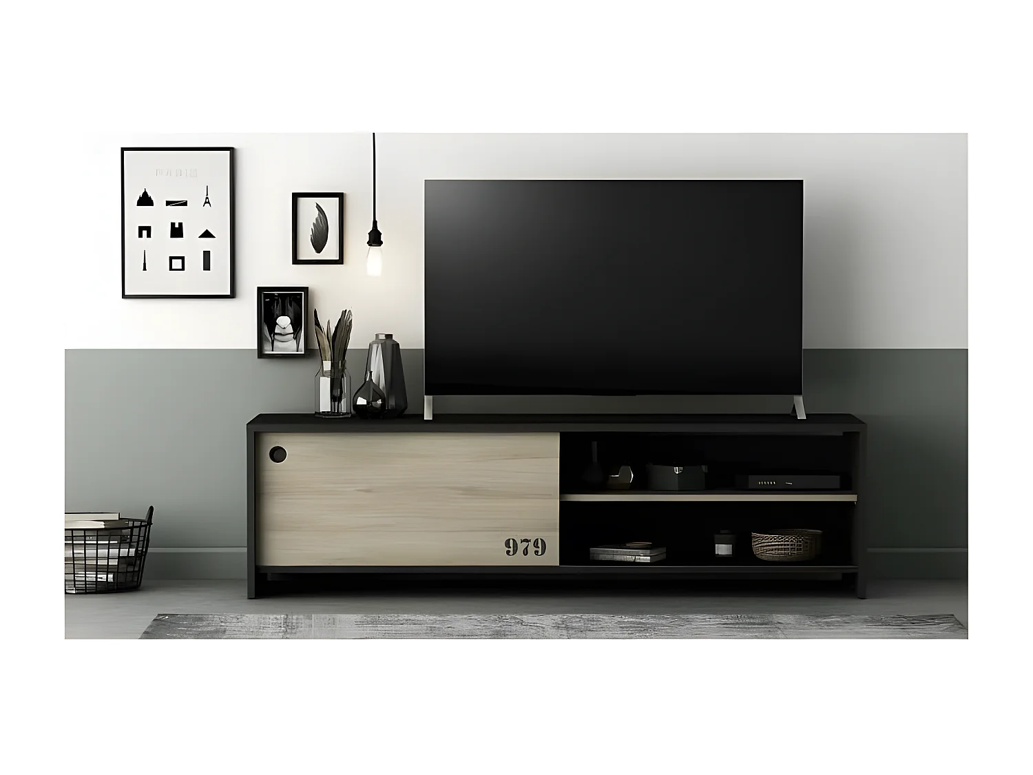 Mueble de TV Tomy con puerta corredera y almacenamiento - Decoración de roble kronberg y negro - L 151,3 x P 42,3 x A 42,7 cm