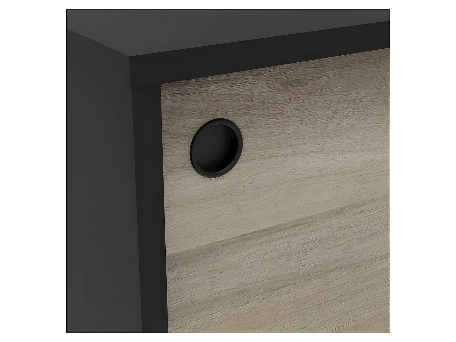 Mueble de TV Tomy con puerta corredera y almacenamiento - Decoración de roble kronberg y negro - L 151,3 x P 42,3 x A 42,7 cm
