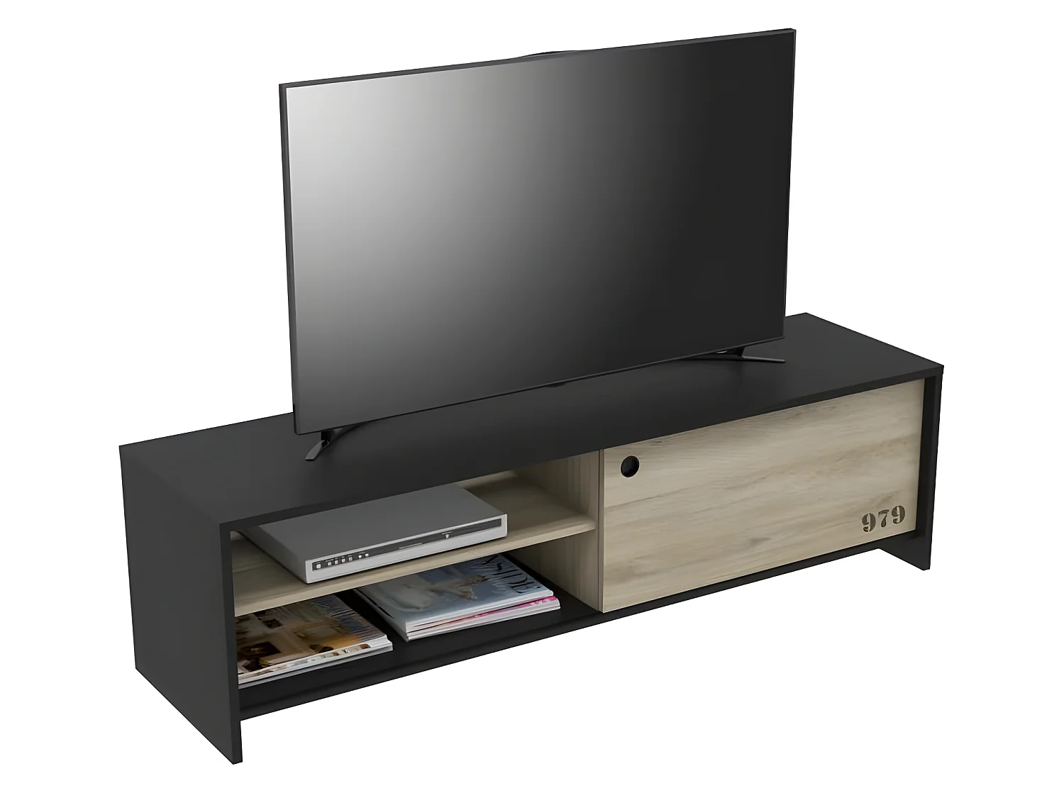 Mueble de TV Tomy con puerta corredera y almacenamiento - Decoración de roble kronberg y negro - L 151,3 x P 42,3 x A 42,7 cm