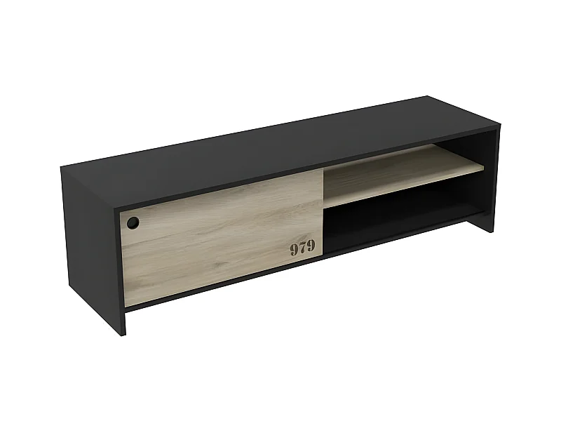 Mueble de TV Tomy con puerta corredera y almacenamiento - Decoración de roble kronberg y negro - L 151,3 x P 42,3 x A 42,7 cm