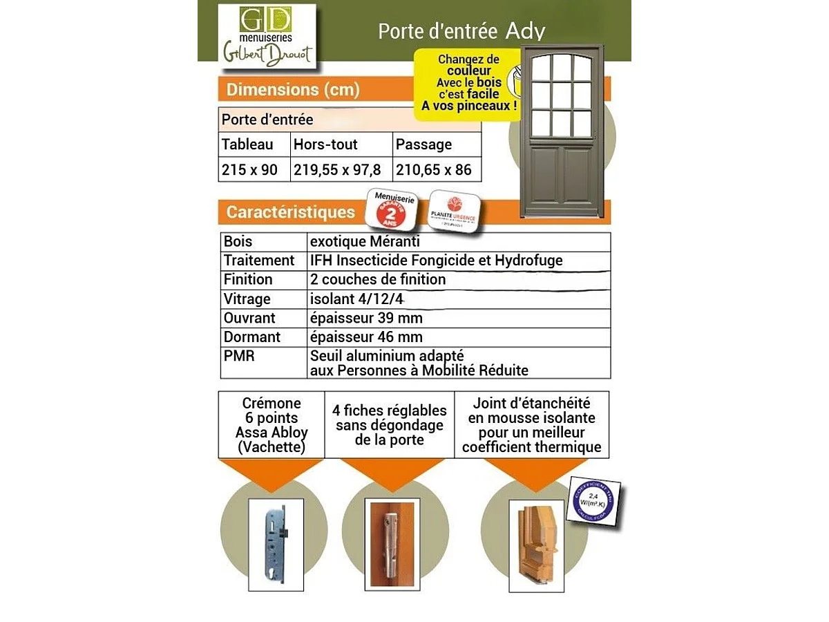 Porte d'entree Bois vitree, Ady , Vert RAL7002,, H,215xl,90  p, droit Cote Tableau