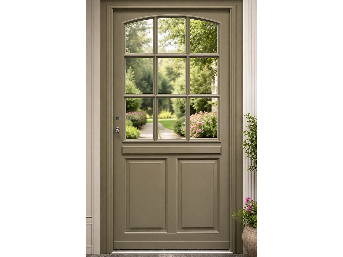Porte D'entrée Bois Vitrée Ady, Vert Gris Olive, H215 X L90 Cm Côte Tableau, P.droit Gd Menuiseries