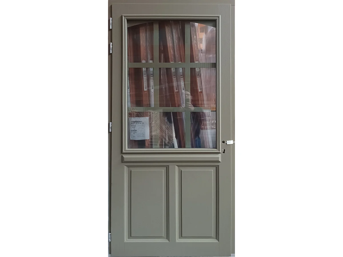 Porte D'entrée Bois Vitrée Ady, Vert Gris Olive, H215 X L90 Cm Côte Tableau, P.droit Gd Menuiseries