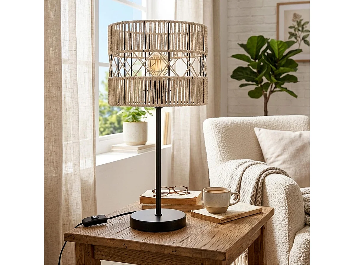 Lampe à poser en métal Noir et corde Beige H 47 cm