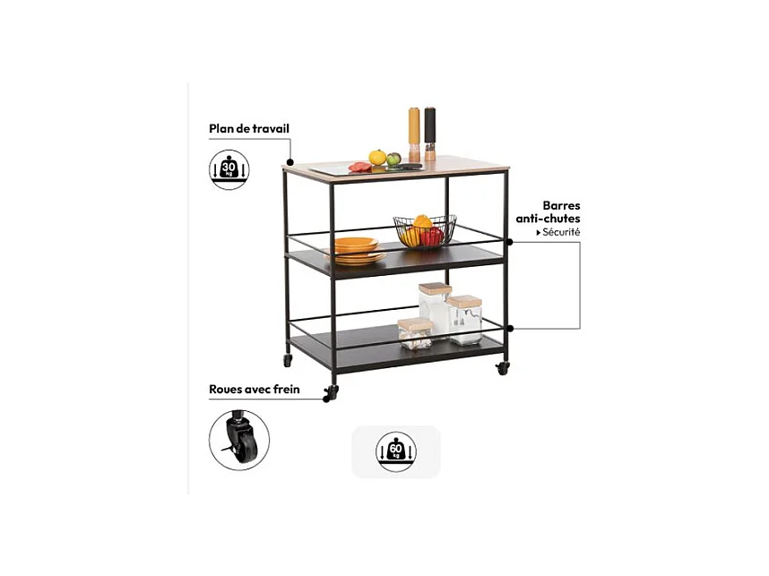 Desserte de Cuisine 3 Niveaux "Aliaj" 88cm Noir