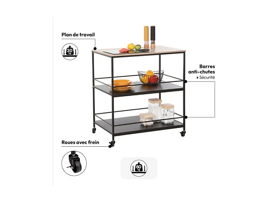 Desserte de Cuisine 3 Niveaux "Aliaj" 88cm Noir