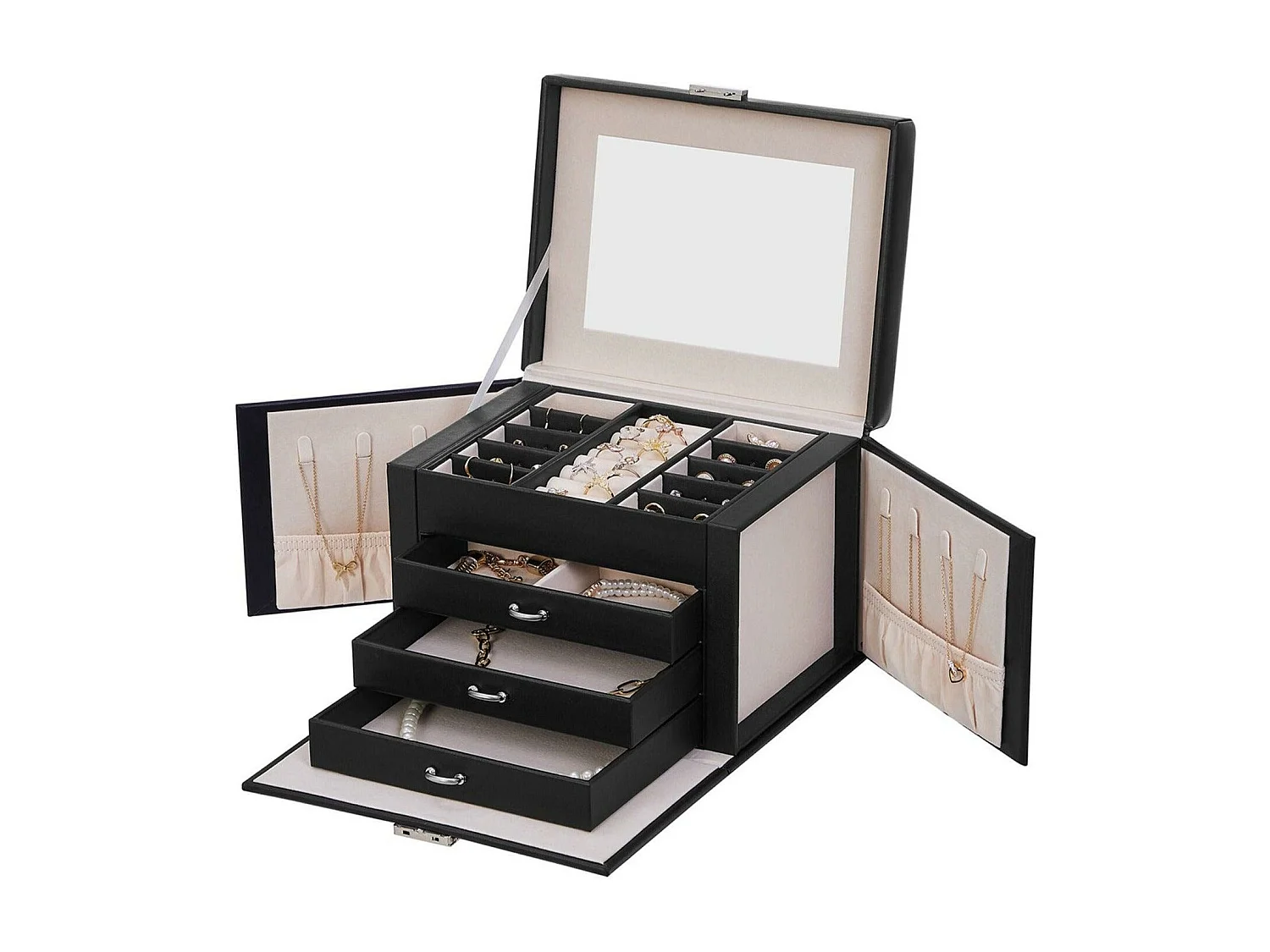 Joyero cofre joyero almacenamiento belleza 4 niveles organizador con bandejas revestimiento terciopelo negro 12_0002118