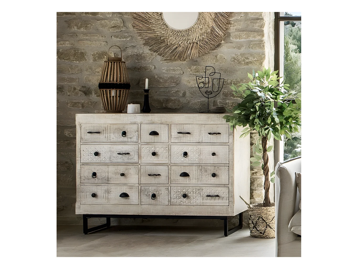 Commode Design 12 Tiroirs "Ajay" 126cm Naturel