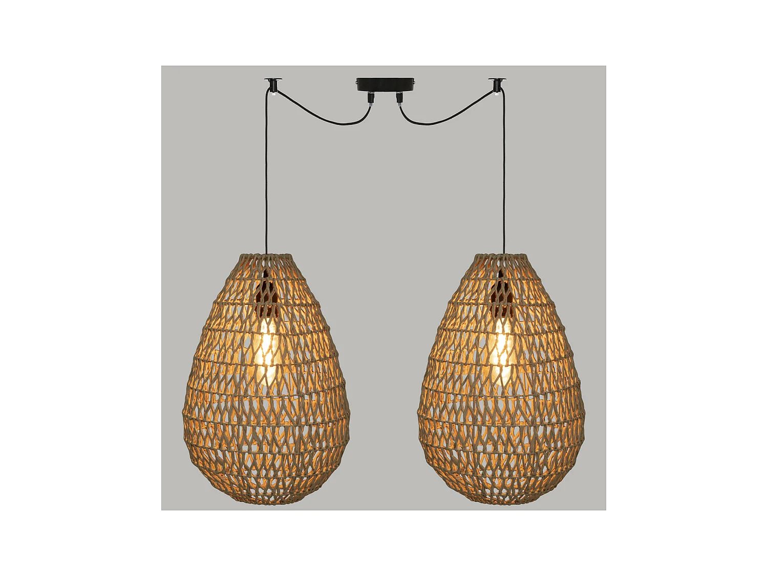 Luminaire Suspension 2 Lampes en métal et corde Beige