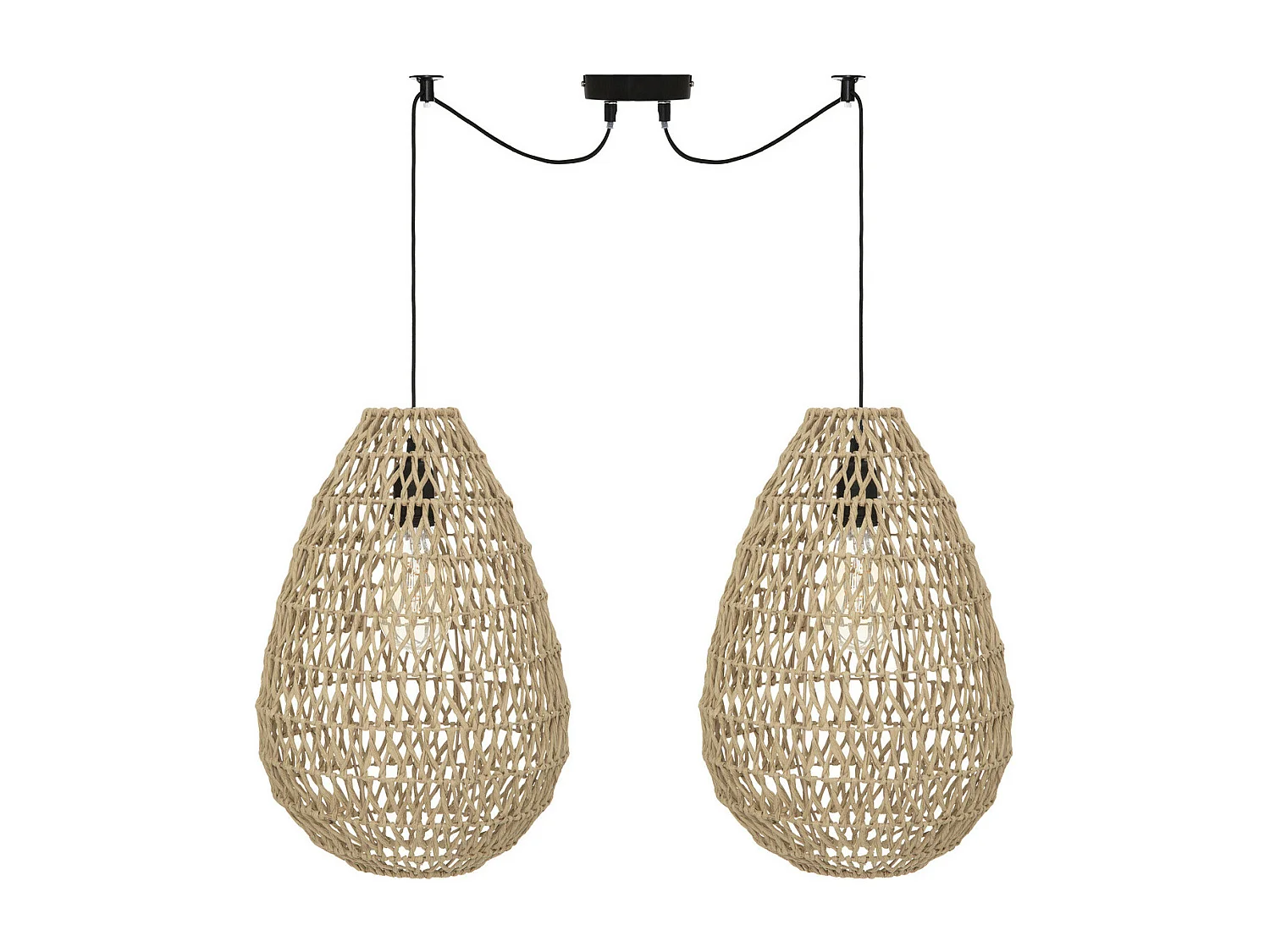 Luminaire Suspension 2 Lampes en métal et corde Beige