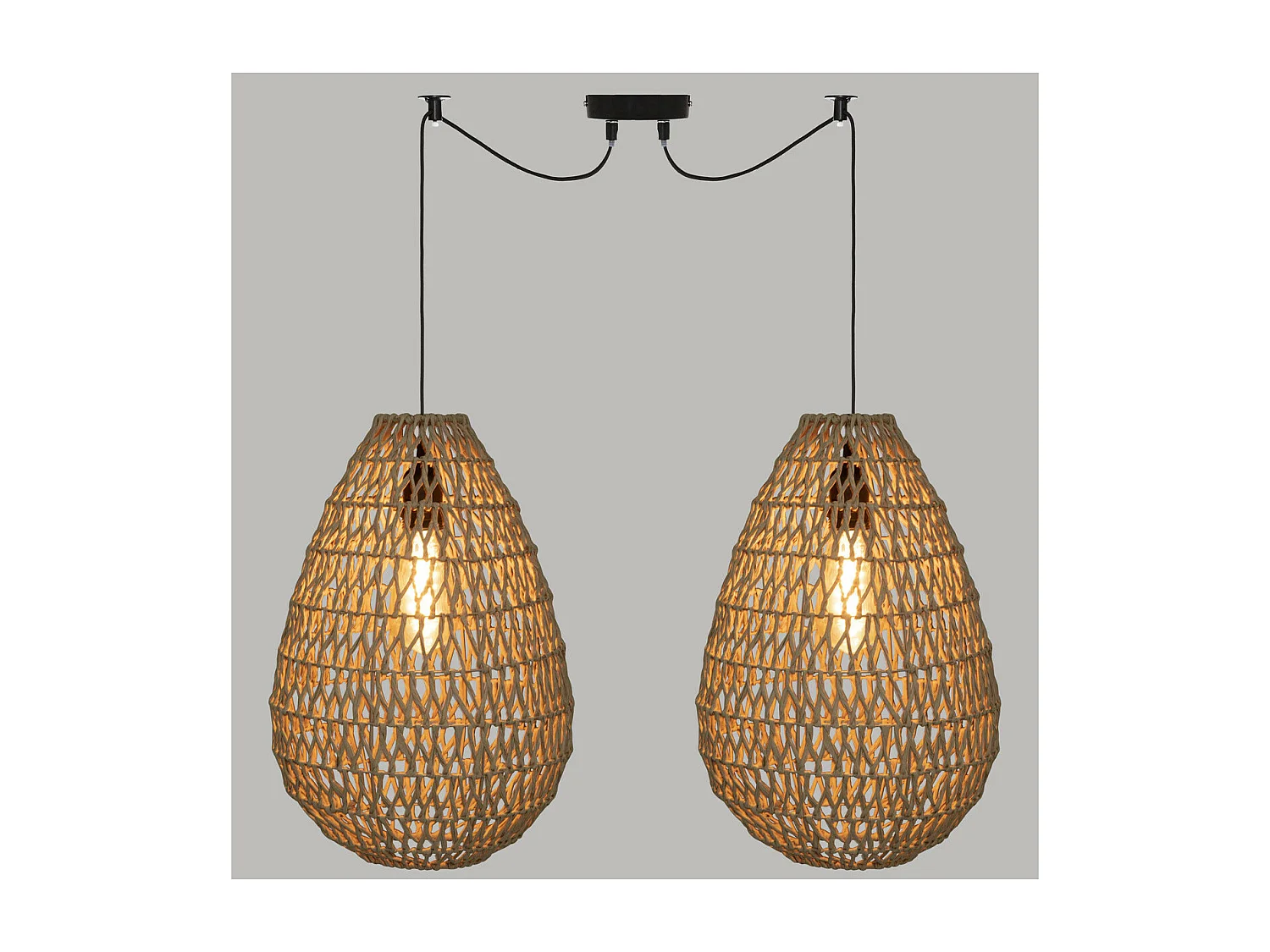 Luminaire Suspension 2 Lampes en métal et corde Beige