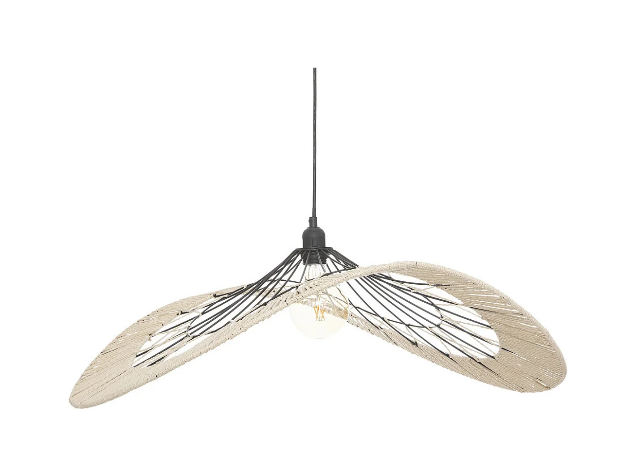 Luminaire Suspension en métal Noir et corde Beige L 75 cm