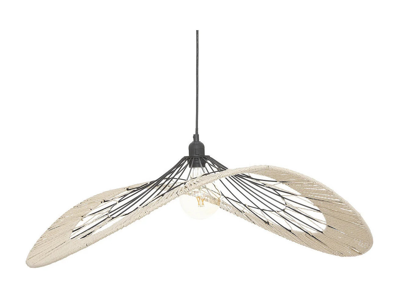 Luminaire Suspension en métal Noir et corde Beige L 75 cm