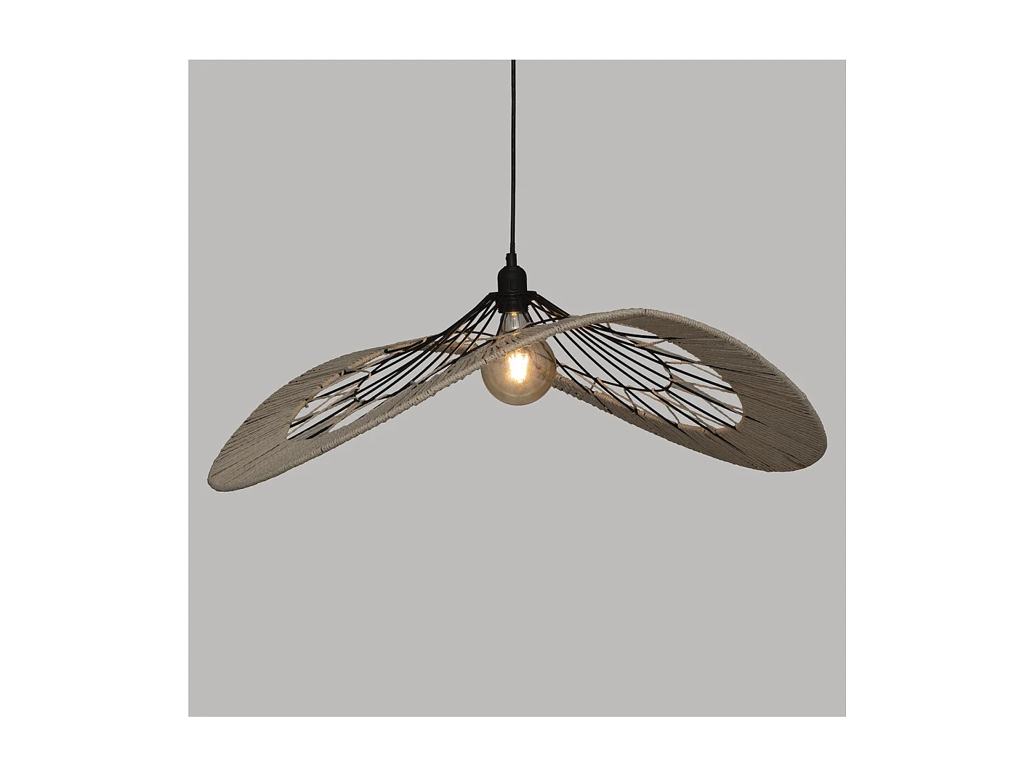 Luminaire Suspension en métal Noir et corde Beige L 75 cm