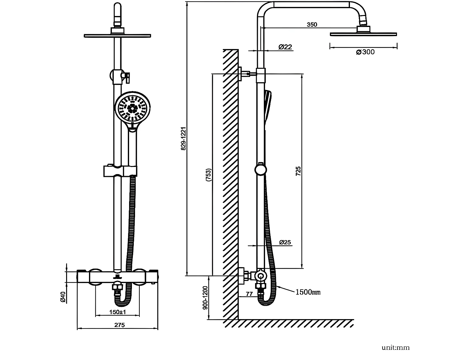 Columna de ducha termostática BOSSA negro mate  Ø 20 cm