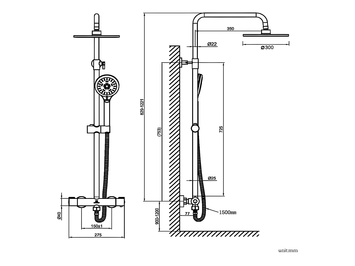 Columna de ducha termostática BOSSA negro mate  Ø 25 cm