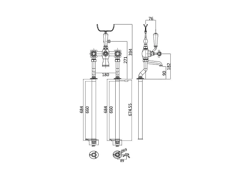 Grifo bimando retro sobre SUELO bañera/ducha CANTERBURY Cromado