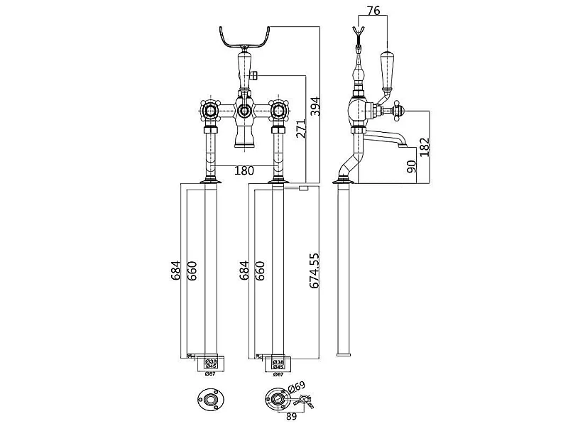 Grifo bimando retro sobre SUELO bañera/ducha CANTERBURY Cromado