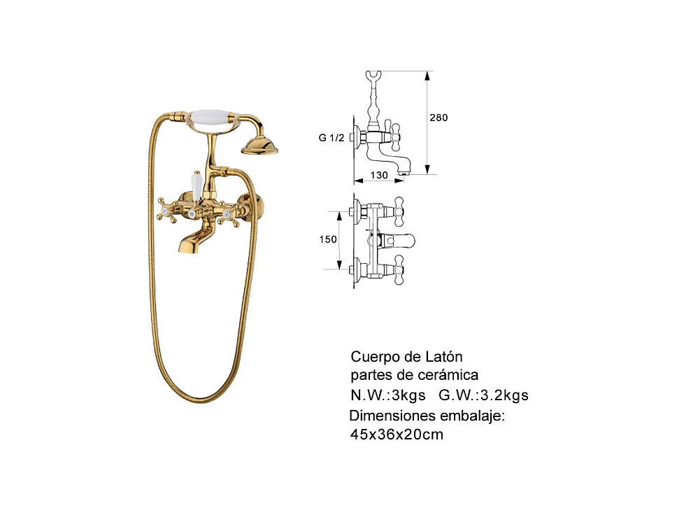 Grifo pared retro baño/ducha KINGDOM dorado