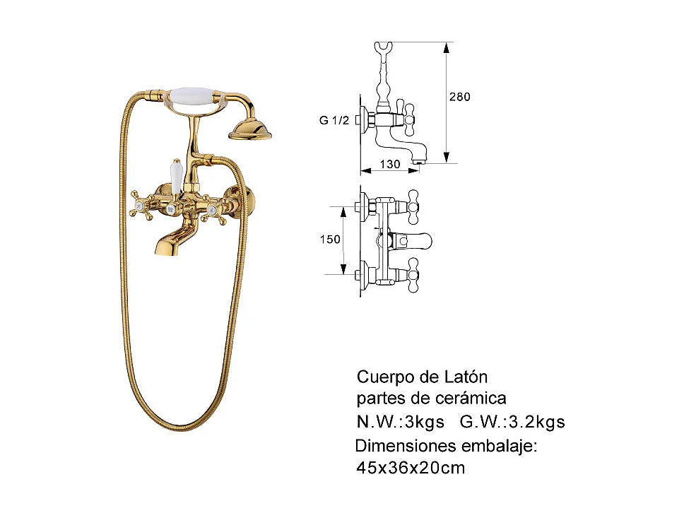 Grifo pared retro baño/ducha KINGDOM dorado