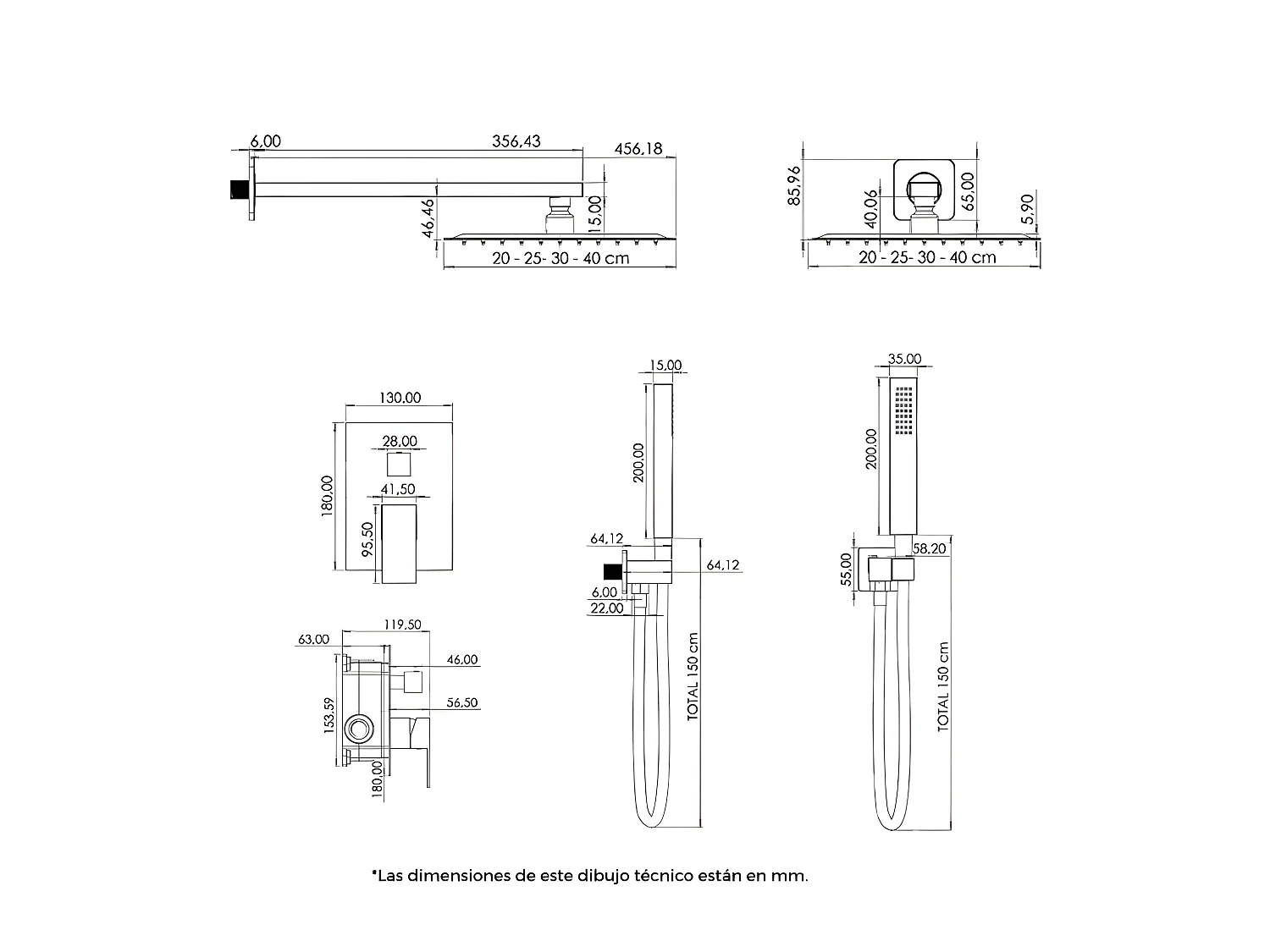 Conjunto de ducha empotrada a ras TILSO de techo cromado monomando  30 cm x 30 cm