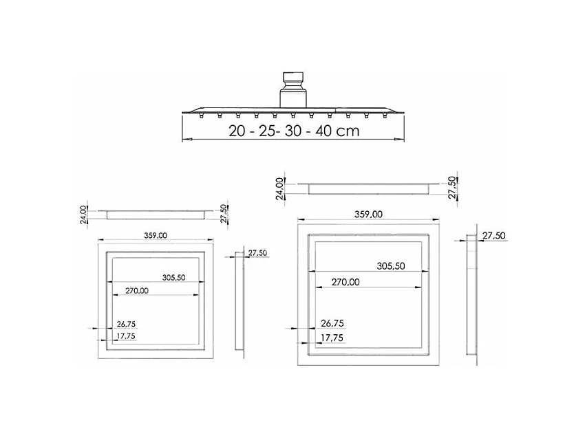 Conjunto de ducha empotrada a ras termostática a techo TILSO cromado  30 cm x 30 cm