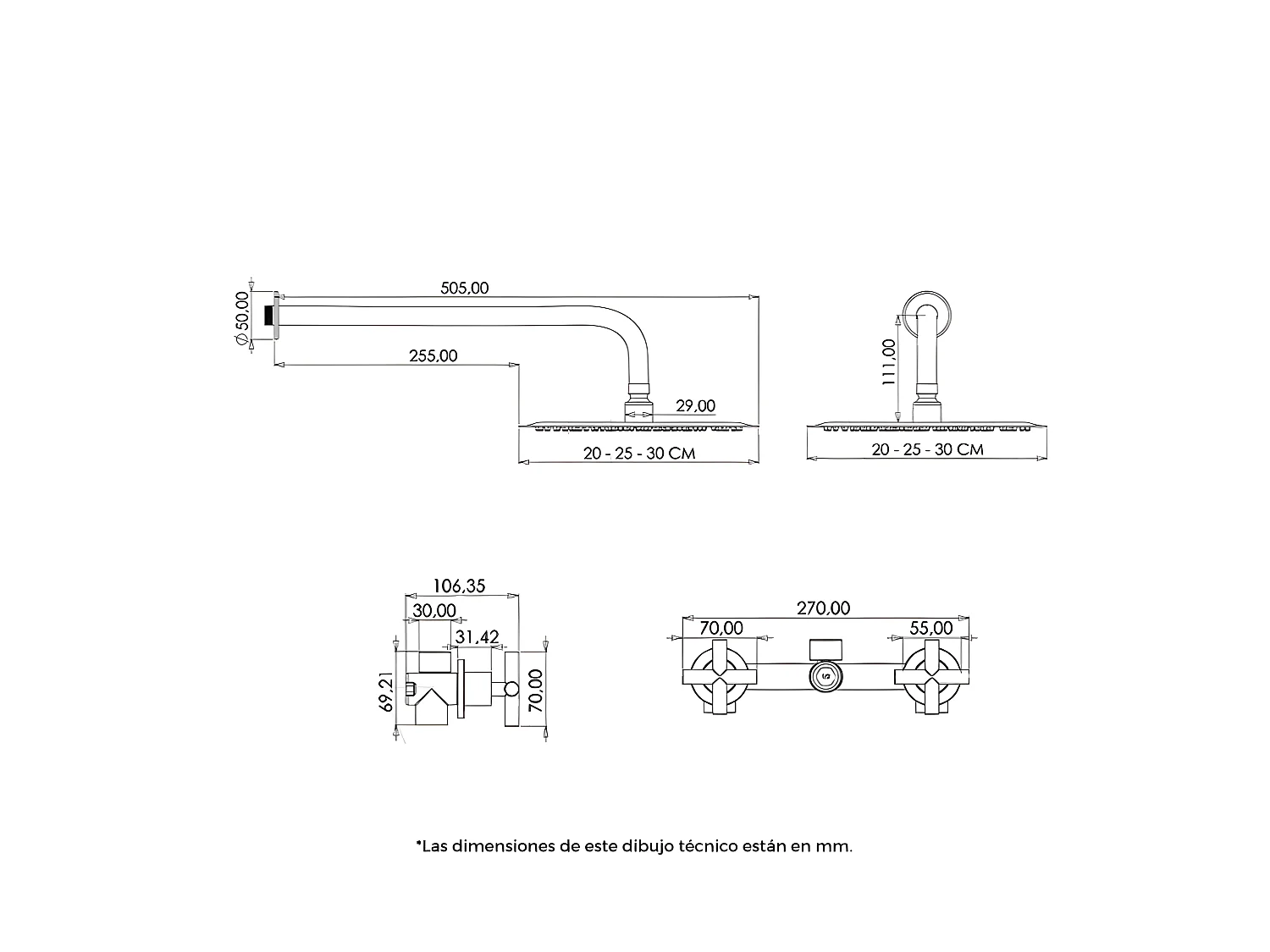 Ducha empotrada bimando redonda CARBINI oro cepillado  Ø 30cm Dorado