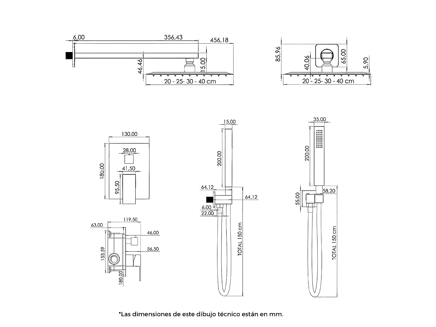 Conjunto de ducha empotrada monomando a pared TILSO negro mate  25 cm x 25 cm