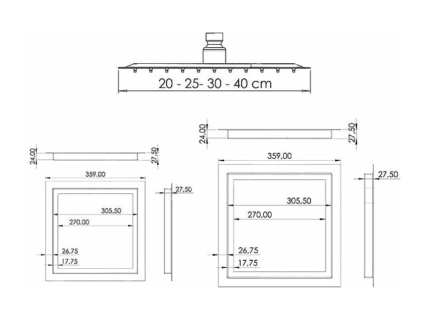 Conjunto de ducha empotrada a ras termostática a techo TILSO negro mate  30 cm x 30 cm