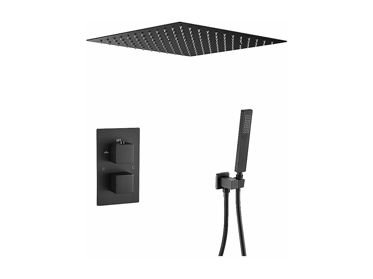 Conjunto de ducha empotrada a ras termostática a techo TILSO negro mate  30 cm x 30 cm