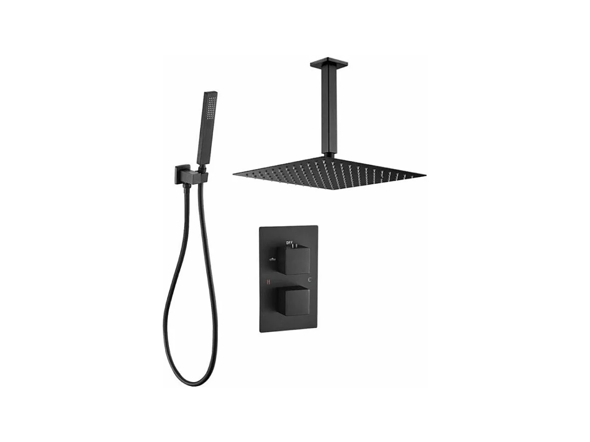 Conjunto de ducha empotrada termostática a techo TILSO negro mate  30 cm x 30 cm