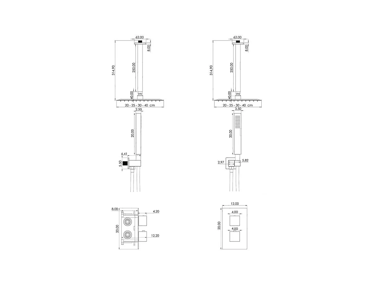 Conjunto de ducha empotrada termostática a techo TILSO negro mate  30 cm x 30 cm