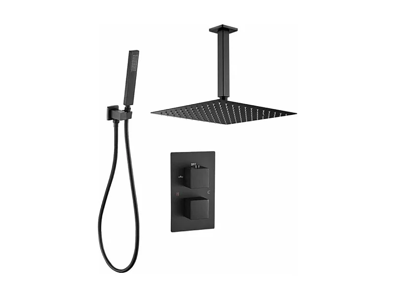 Ensemble de douche thermostatique de plafond TILSO noir mat Ø30 cm