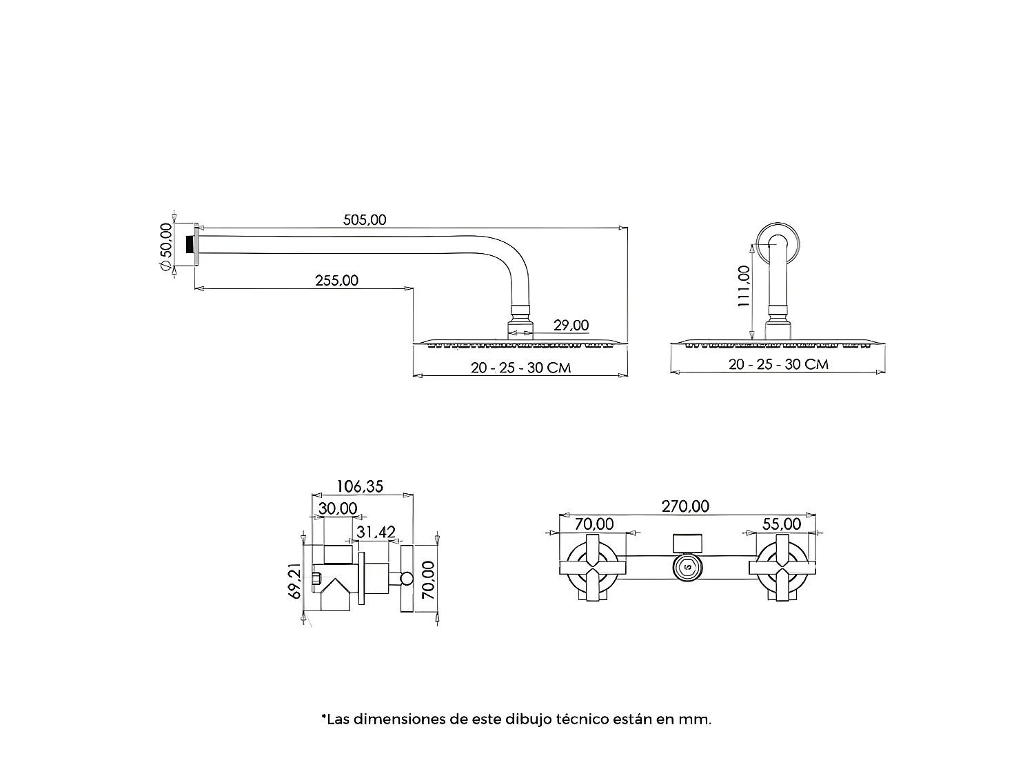 Ducha empotrada bimando redonda CARBINI oro cepillado  Ø 25cm Dorado