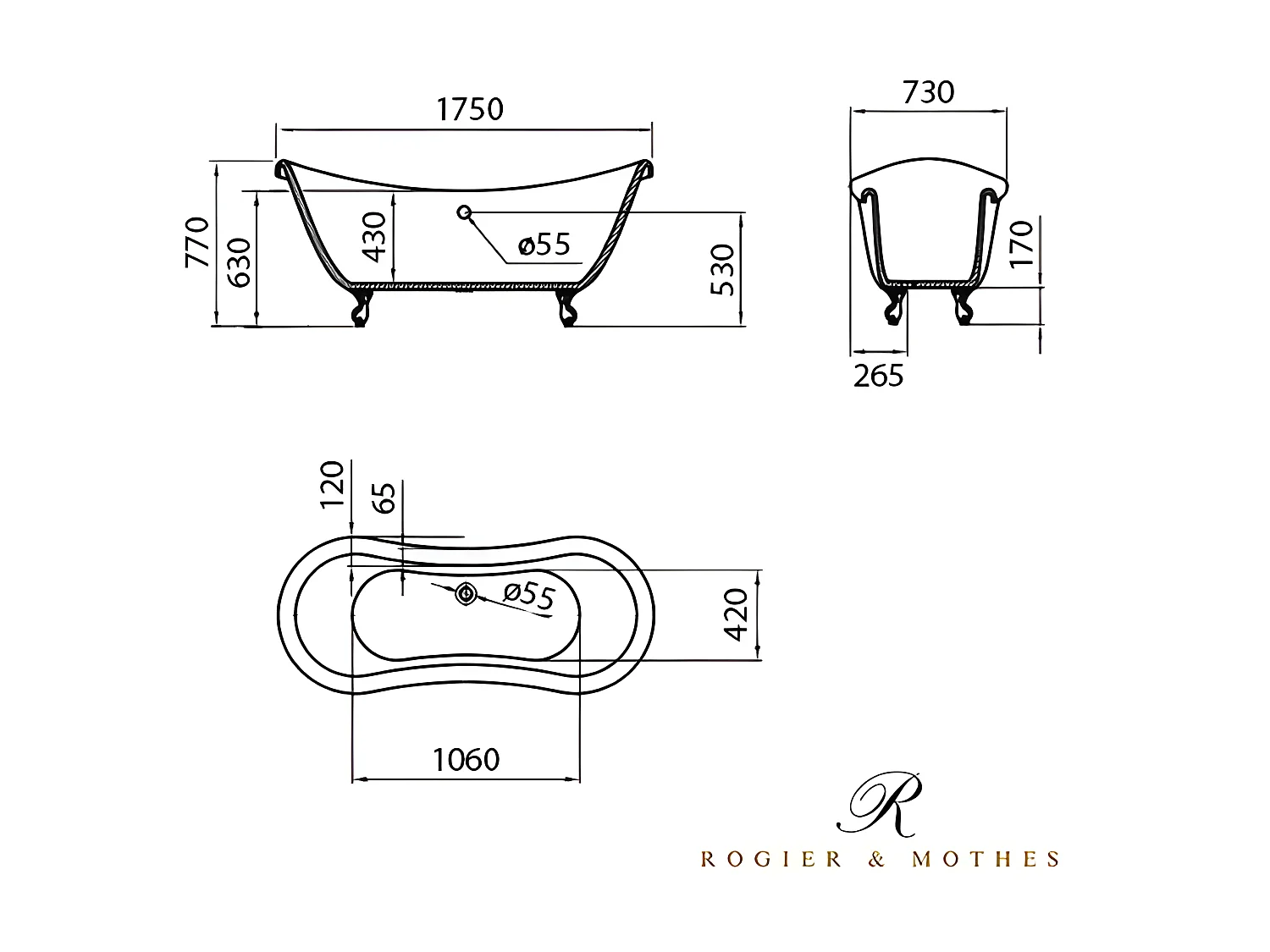 Freistehende Badewanne mit Füßen DARLINGTON SCHWARZ Löwenfüße ALTKUPFER 175 cm