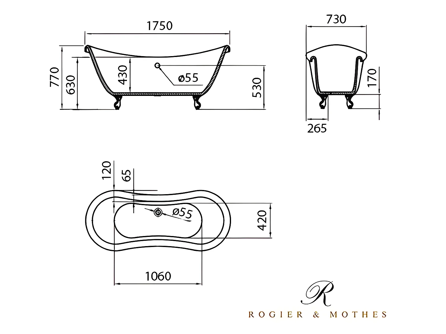 Freistehende Badewanne mit Füßen DARLINGTON SCHWARZ Löwenfüße ALTKUPFER 175 cm