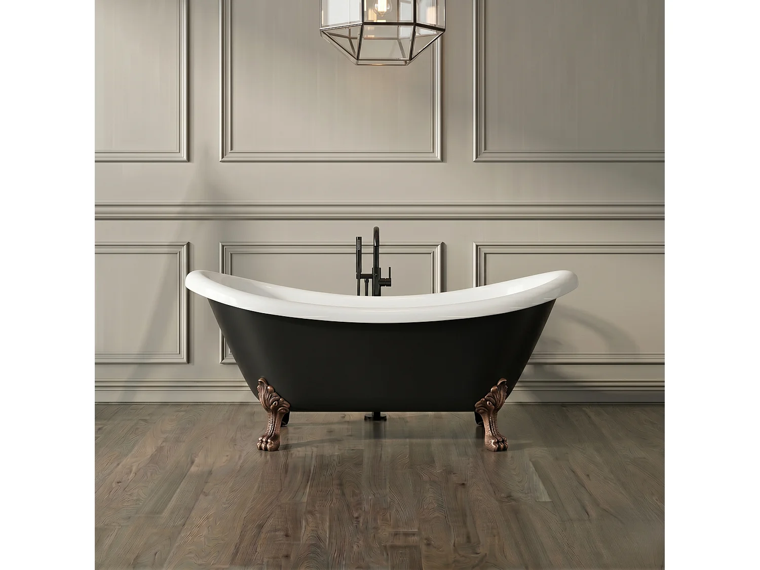 Freistehende Badewanne mit Füßen DARLINGTON schwarz Löwenfüße ALTKUPFER 175 cm