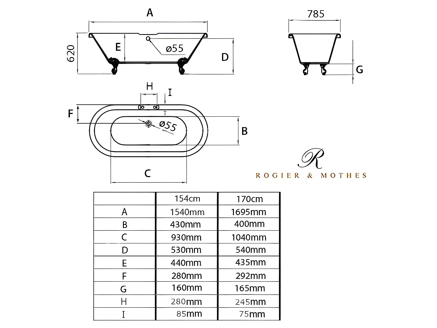 Freistehende Badewanne mit Füßen CHELSEA Adlerfüße CHROM 170 cm