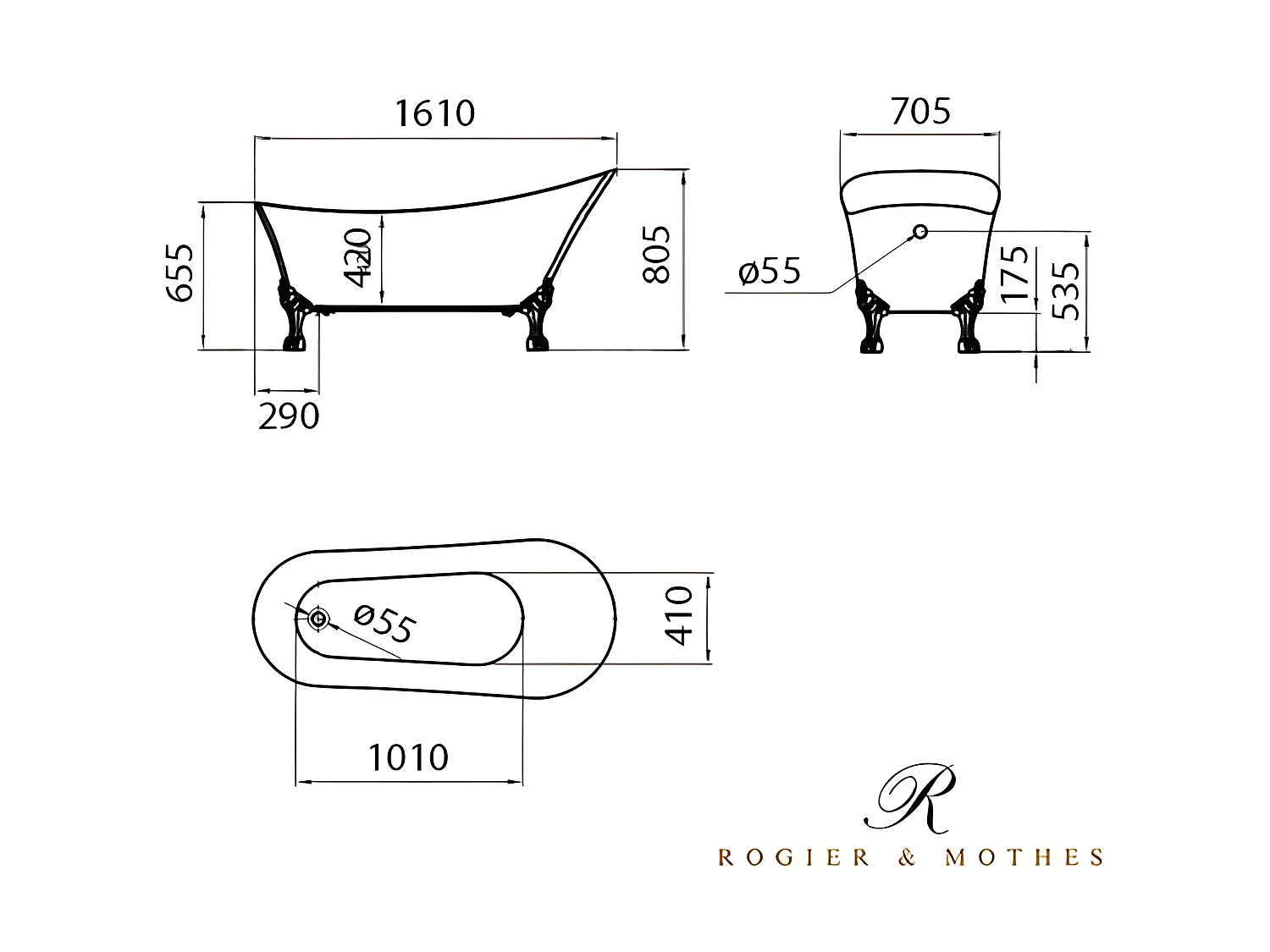 Freistehende Badewanne mit Füßen BALMAIN Löwenfüße ALTBRONZE 161 cm