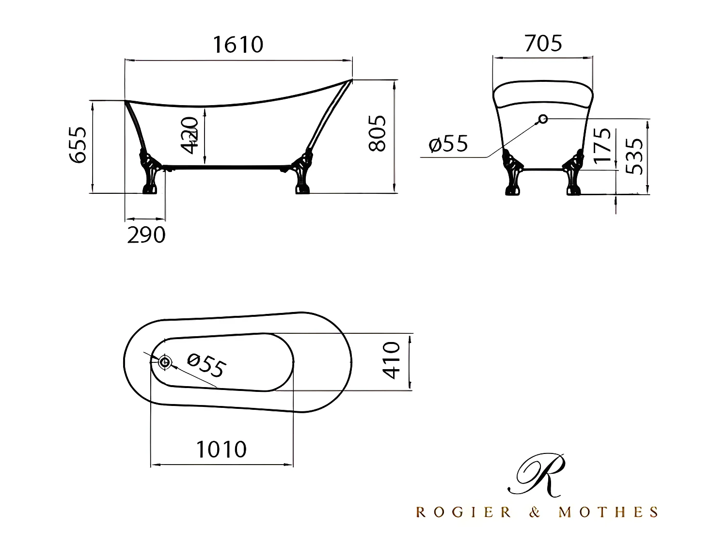 Freistehende Badewanne mit Füßen BALMAIN Adlerfüße ALTBRONZE 161 cm