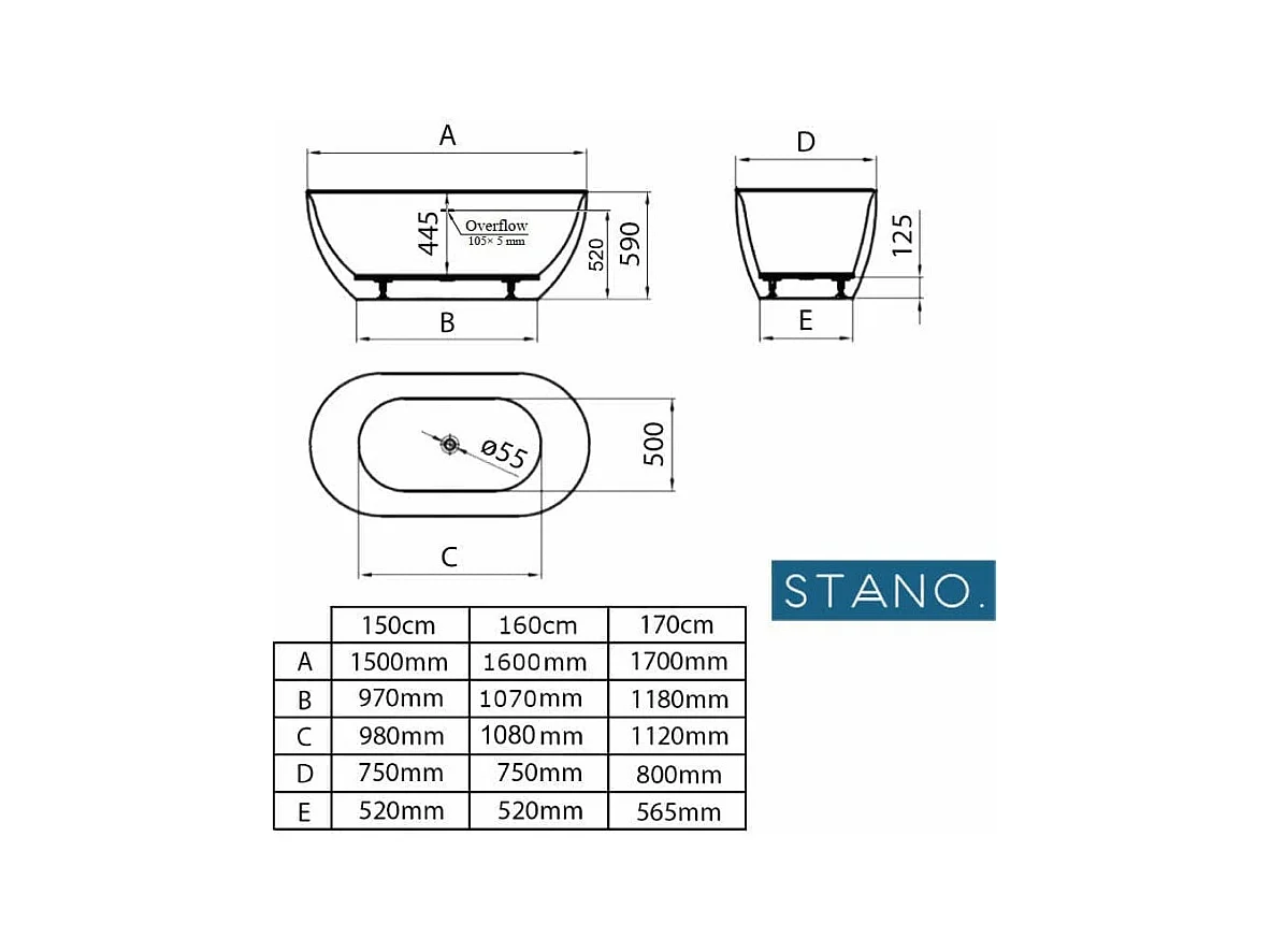 Freistehende Badewanne LISBON MATT 150 cm