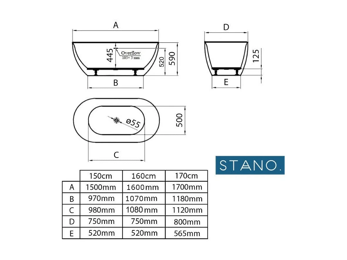 Freistehende Badewanne LISBON MATT 150 cm