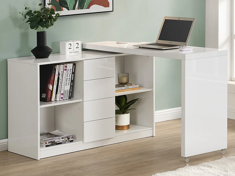 Bureau extensible avec plateau pivotant 360° - MDF - Blanc laqué - PAVELO