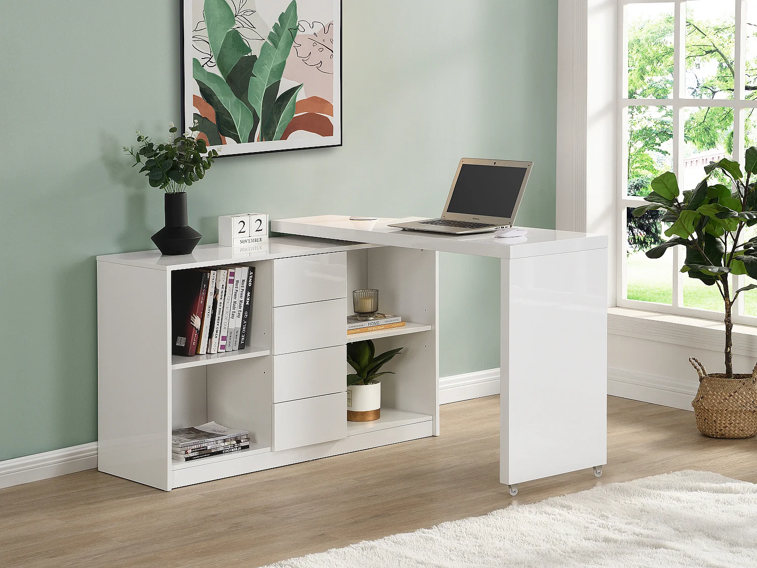 Bureau extensible avec plateau pivotant 360° - MDF - Blanc laqué - PAVELO